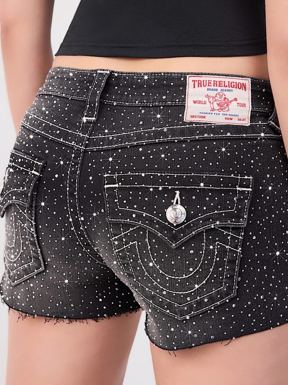 NWT True Religion Black Joey Low Rise Crystal Cut-Off Shorts